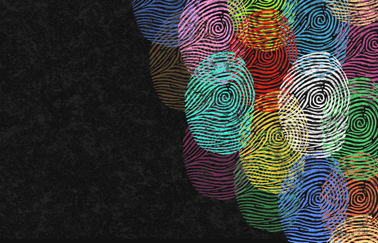 illustration of multicolored fingerprints arranged on a black background.