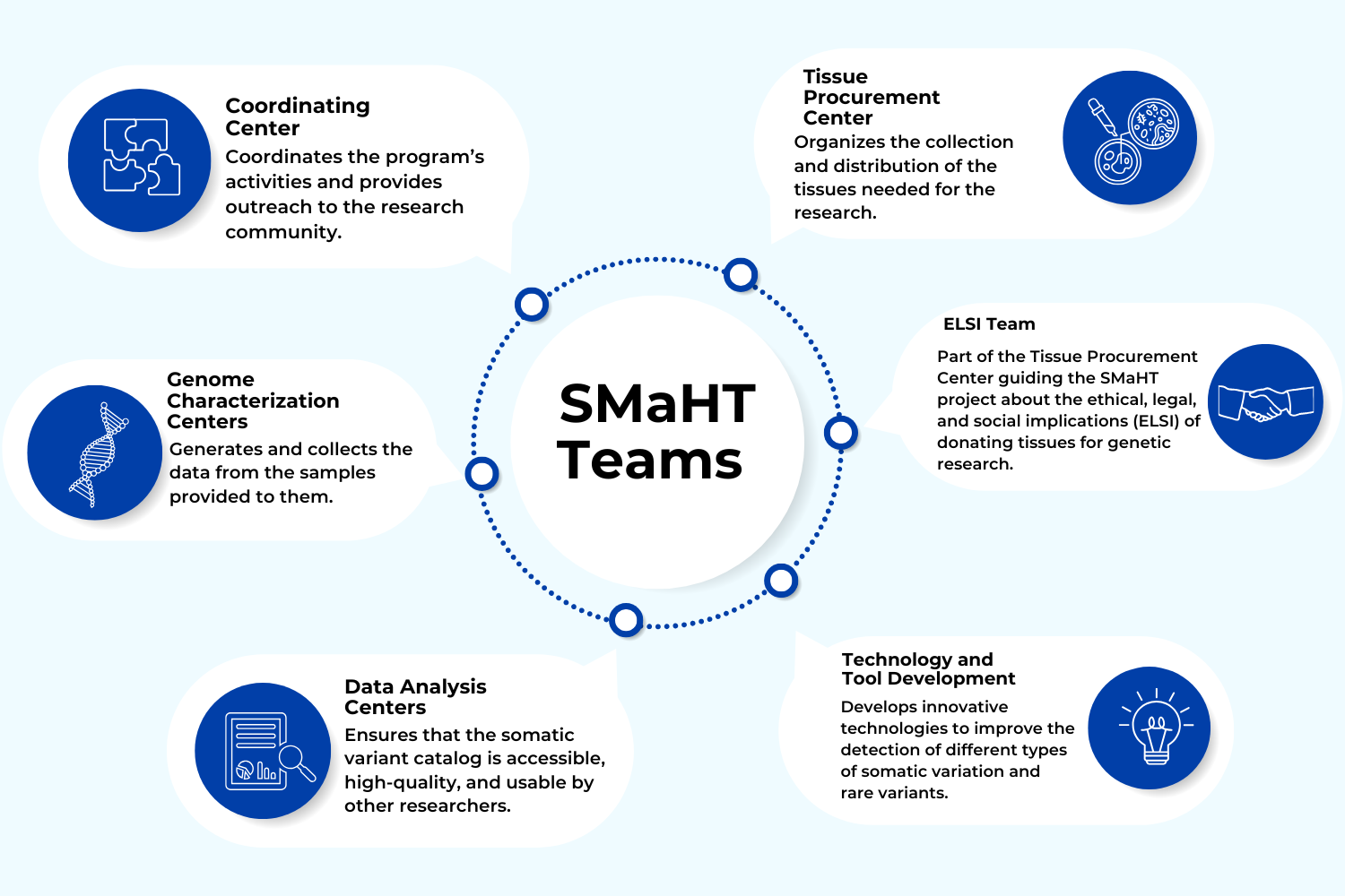 Graphic illustrating the roles of the SMaHT team and the various centers, including responsibilities and functions within the network.